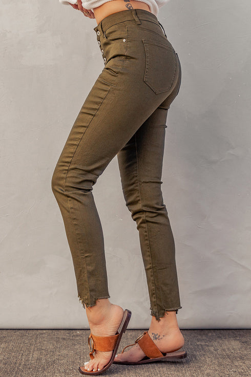 Plain High Waist Buttons Frayed Cropped Denim Jeans